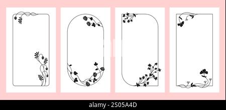 Postkarten Set mit Blumensahmen Vintage Vorlage. Silhouette Kräuter, Blumen, Beeren Rahmen Vorlage Hintergrund. Elegantes Banner, Hochzeitskarte, Postereinladung, Abdeckung modernes Illustrationsvektordesign Stock Vektor