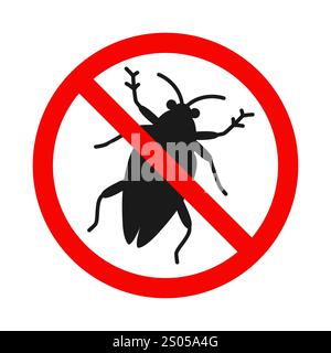 Kein Insektenzeichen. Poster zum Schutz von Kakerlaken. Silhouette der Käfer im roten Verbotskreis-Insektizid-Emblem. Symbol Käfer-Schädlingsbekämpfung. Einfache Humor Kakerlake Grafik Icon Vektor isolierte Illustration Stock Vektor