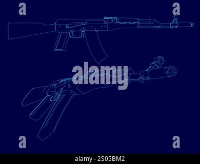 Blaue Zeichnung eines Gewehrkontursatzes. Die Waffe ist eine russische AK-47 Stock Vektor