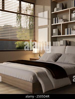 Ein modernes, komfortables Innendesign des Schlafzimmers mit einem gemütlichen grauen Bett vor einem Bücherregal, einer Tischlampe auf einem Nachttisch am Fenster und elegant Stockfoto