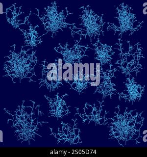 Blauer Hintergrund mit vielen verschiedenen Arten von Pflanzen. Die Pflanzen haben alle verschiedene Größen und Formen. Das Bild hat eine beruhigende und friedliche Stimmung Stock Vektor