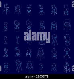 Blauer Hintergrund mit verschiedenen Stühlen und Hockern in Blau. Die Stühle und Hocker haben alle verschiedene Formen und Größen und sind alle eingezogen Stock Vektor