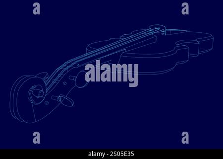 Blaue Zeichnung einer Geige mit blauem Hintergrund. Die Geige wird stilisiert dargestellt, wobei die Streicher und der Korpus des Instruments betont werden. Concep Stock Vektor