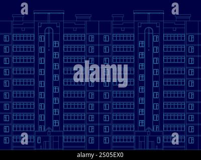 Das Bild ist eine blau-weiße Zeichnung eines Stadtbildes mit hohen Gebäuden. Die Gebäude sind stilistisch dargestellt, die Fenster und Türen sind angeordnet Stock Vektor