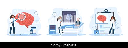 Neurochirurgisches Konzept. Ärztliche Studie Hirnerkrankungen. Neurologische Therapie. Neurologie oder Neurowissenschaft. Vektor-Illustration in flachem Cartoon-Stil Stock Vektor