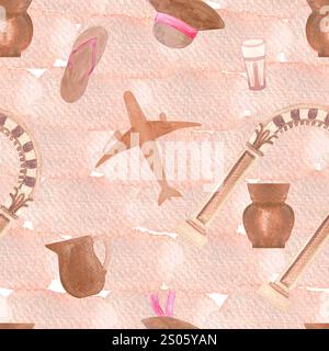 Sommerurlaub. Flugzeug, alte Stätte, Töpferwaren, Sonnenhut, Flipflops nahtloses Muster auf strukturiertem pfirsichfarbenen Hintergrund. Handgezeichnet für Stockfoto
