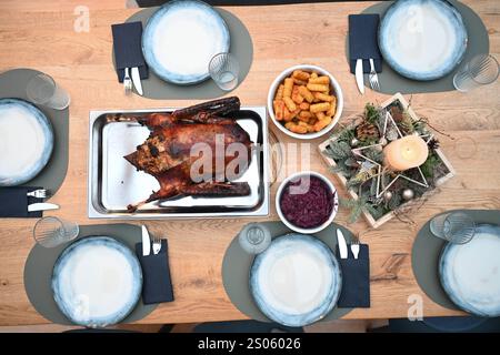 Gänsebraten zum Weihnachtsfest Blick auf einen festlich gedeckten Tisch. Im Mittelpunkt steht der Gänsebraten. Der Ursprung dieses Gänsebratens geht auf die Martinsgans zurück, die oft am Gedenktag des hl. Martin, noch vor Beginn des Advents gegessen wurde. Der Advent hatte früher den Charakter einer Fastenzeit. Mit der Christmette endete diese, und so wurde eine Gans als Festtagsbraten zubereitet. Leer Niedersachsen Deutschland *** Gänsenbraten zu Weihnachten Blick auf einen festlich gedeckten Tisch der Fokus liegt auf Gänsenbraten der Ursprung dieser Gänsebraten geht auf die St. Martins-Gans zurück, die oft vorkam Stockfoto