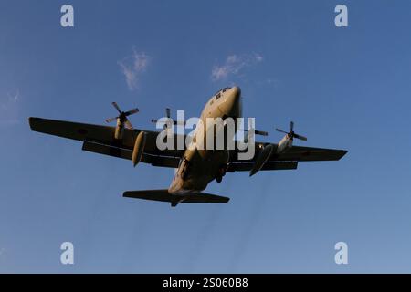 Ein Lockheed C-130R Hercules Militär-Transportflugzeug mit der japanischen Maritime Self Defence Force (JMSDF), das in der Nähe des Luftstützpunkts NAF Atsugi flog. Japan Stockfoto