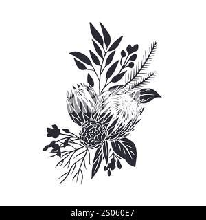 Schwarze Silhouette von tropischen Protea-Blumen und Blättern Bouquet Stock Vektor