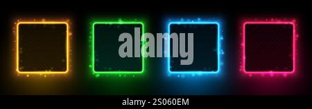 Set aus quadratischen, leuchtenden Neonrahmen mit futuristischen Highlights auf schwarzem Hintergrund. Vektor-3D-Illustration. Stock Vektor