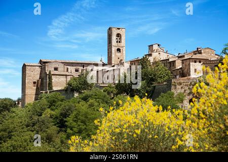 Stadt Colle di Val d'Elsa mit Wohnhäusern darunter. Toskana, Italien Stockfoto