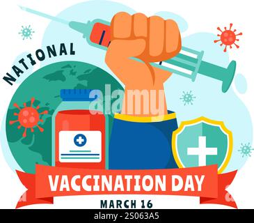 Die Illustration des nationalen Impftages wurde am 16. März gefeiert und zeigt eine Impfspritze, um eine starke Immunität und Gesundheitsfürsorge im Hintergrund zu fördern Stock Vektor