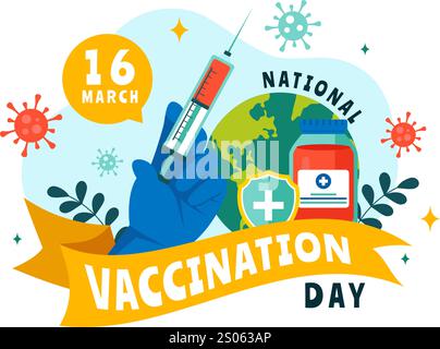 Die Illustration des nationalen Impftages wurde am 16. März gefeiert und zeigt eine Impfspritze, um eine starke Immunität und Gesundheitsfürsorge im Hintergrund zu fördern Stock Vektor