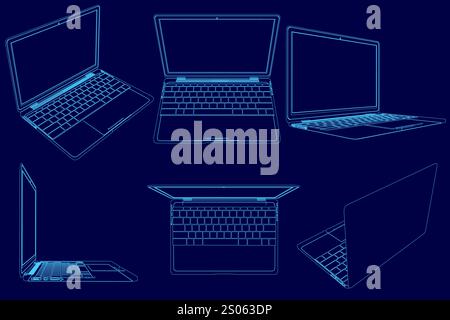 Serie von blau-weißen Bildern eines Laptops. Die Bilder sind alle in verschiedenen Winkeln des Laptops, aber sie haben alle dasselbe blaue Farbschema. Die Stimmung Stock Vektor