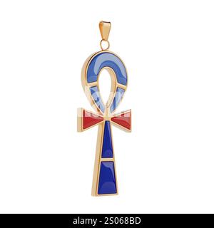 Goldenes Ankh ägyptisches Schmuckkreuz auf weißem Hintergrund. 3D-Rendering Stockfoto