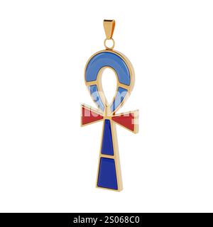 Goldenes Ankh ägyptisches Schmuckkreuz auf weißem Hintergrund. 3D-Rendering Stockfoto