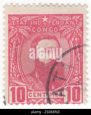 BELGISCHER KONGO - 1. Januar 1891: 10-Cent-Rosenmarke mit Porträt von König Leopold II., Gründer des Freistaates Kongo. 1908 wurde der Kongo als Kolonie an Belgien annektiert. Er war von 1865 bis 1909 der zweite König der Belgier und von 1885 bis 1908 der selbstgemachte autokratische Herrscher des Freistaats Kongo. Leopold wurde 1865 als zweitältester Sohn von Leopold I. und Louise von Orléans in Brüssel geboren und folgte seinem Vater auf den belgischen Thron und regierte genau 44 Jahre bis zu seinem Tod, der längsten Regierungszeit eines belgischen Monarchen Stockfoto