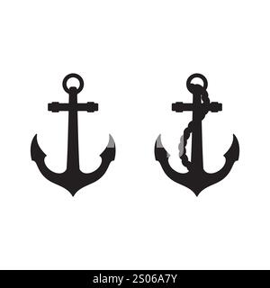 Set aus Schiffsanker mit Seillogo. Abbildung des Bower-Ankerzeichens, Vektor. Stock Vektor