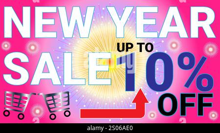 Neujahrsverkauf bis zu 10 % Rabatt auf Banner mit rosa weißem radialem Hintergrund und Sonnenschliff Stock Vektor