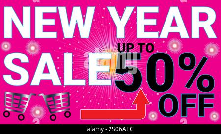 Neujahrsangebot: Bis zu 50 % Rabatt auf Banner mit rosa Hintergrund und Sonnenschein-Sternenhimmel Stock Vektor