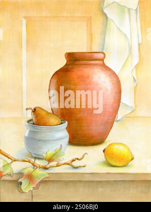 Stillleben mit Früchten, etwas Keramik und einem Vorhang. Traditionelle Malerei auf Papier, mein eigenes Kunstwerk. Stockfoto