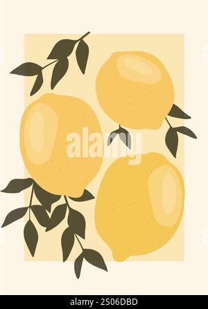 Zitrusfrüchte-Poster, saftige Zitronen Illustration. Abstraktes Poster mit groovigem gelben Fruchtdesign für Wandaufdruck Stock Vektor