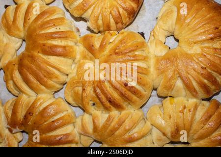 Goldbraunes Gebäck mit komplizierten Schlitzen, frisch gebacken und auf Pergamentpapier gelegt. Top-Down-Ansicht mit detaillierter Textur und weicher Kruste Stockfoto
