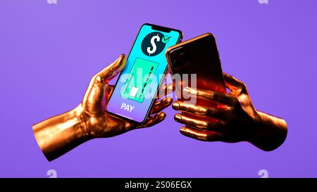 Zwei goldene Roboterhänder, von denen eine ein Smartphone mit einem „Bezahlsymbol“, einem Dollarzeichen, einer Karte und einem Häkchen hält, während die andere ein anderes Smartphone hält. Ziffer Stockfoto