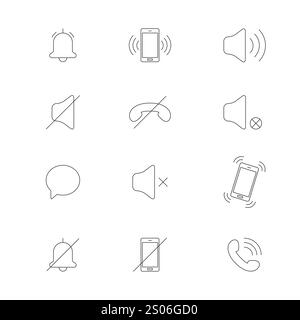Symbole für die Telefonleitung. Leiser Modus. Lärm, Stille, Vibration. Verschiedene Tonsignale. Vektor Stock Vektor