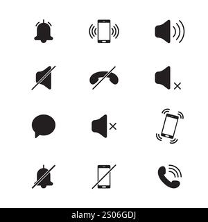 Audio-Mobiltelefonsymbole. Lärm, Stille, Vibration. Verschiedene Tonsignale. Leiser Modus. Vektor Stock Vektor