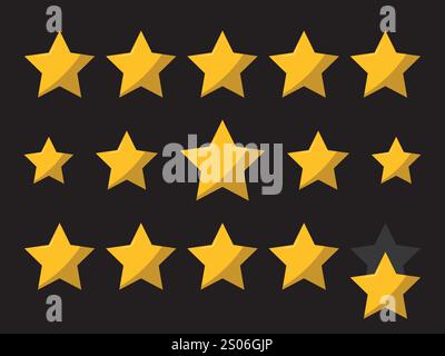 Symbol für die Bewertung mit gelben Sternen auf schwarzem Hintergrund. Fünf Sterne bei der Bewertung von Kundenbewertungen. Feedback-Symbol für App und Website. Stock Vektor