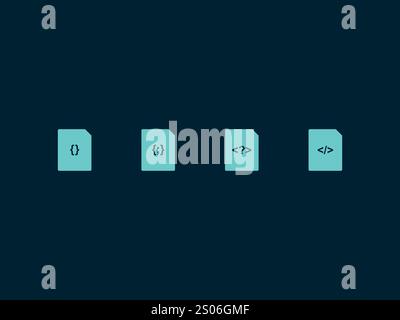 Flache Symbolgruppe für Dateiformat. CSS, html, js, php Webentwicklungsdateiformat auf dunkelblauem Hintergrund. Vektor Stock Vektor