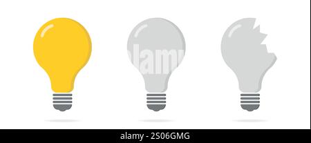 Defektes Lampenkonzept. Zerstörung der gelben Glühlampe. Ganze Glühlampe, Lampe aus, Glühlampe kaputt. Vektor Stock Vektor