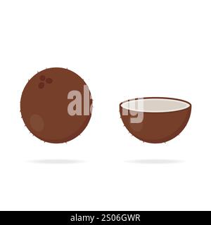 Kokosnuss-Ikone im Cartoon-Stil. Tropische Früchte. Ein ganzer, halber Teil der Kokosnuss. Vektor Stock Vektor