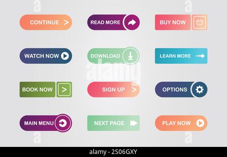 Großer Knopfsatz für Website-Design auf grauem Hintergrund. Web-Symbole. Verschiedene Farben der Elemente und des Verlaufs. Vektor Stock Vektor