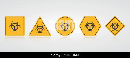Warnschild Gefahr gelb. Symbol für Strahlung. Vorsicht giftige biologische Gefahr. Gelbe Schilder in verschiedenen Formen. Vektor Stock Vektor