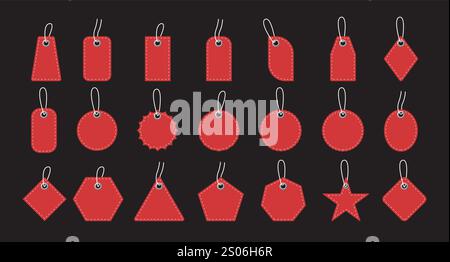 Vorlage für leere rote Preisetiketten oder Geschenketiketten. Set mit Verkaufsetiketten mit Kabel. Vektor Stock Vektor
