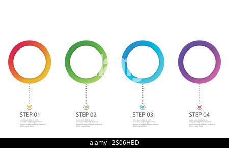 Leeres kreisförmiges Infodiagramm mit 4 Schritten. Infografik-Vorlage mit 3D-Papieretikett. Vektor Stock Vektor
