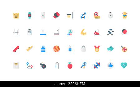Sport und Bewegung für Körper Gesundheit und Gewichtskontrolle, Fitnessgeräte Farbe Icon Set. Fitness-Training, Sportbekleidung und Medaille, gesunde Nahrung, Yoga und Cardio-Workout flache Elemente Vektor-Illustration Stock Vektor