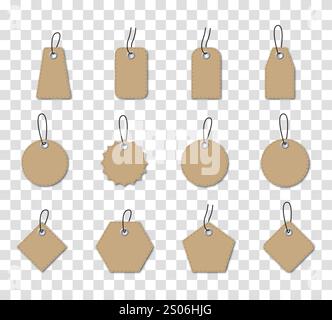 Vorlage für leere braune Preisanhänger aus handwerklichem Papier oder Geschenkanhänger auf transparentem Hintergrund. Satz von Kraftbeschriftungen. Vektor Stock Vektor