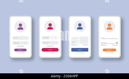Melden Sie sich auf einem modernen weißen Smartphone an. Mockup für Mobiltelefone mit Anmelde-Anwendung mit Fenster „Passwort“. Vektor Stock Vektor