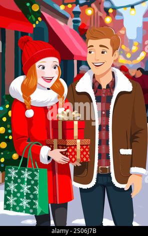 Ein junges Paar, das mit Weihnachtsgeschenken runtergeht Stock Vektor