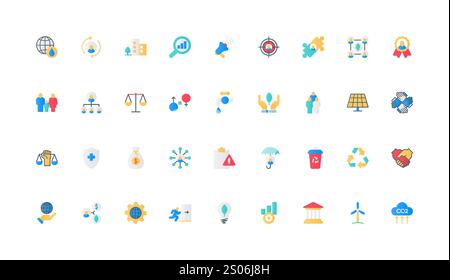 Farbsymbole für ESG-Kriterien, Umwelt, Soziales und Governance, Unternehmensethik und Gesellschaftsstrategie. Umweltschutz, nachhaltige Technologie, Verantwortung flache Elemente Vektorillustration Stock Vektor