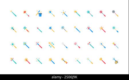Zauberstäbe, Zauberstäbe mit Sternen und funkelnde Farben. Zauberer-Tool, um Fantasy-Wunder, Wünsche und Mystery Tricks Symbole, Hexerei flache Elemente Vektor-Illustration zu erzeugen Stock Vektor