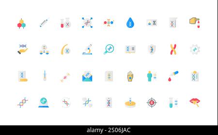 Genetische Forschung und Biotechnologie, DNA-Helix-Molekülstruktur und Genmodell-Farbsymbole. Test des menschlichen Speichels und Blutes, Vaterschaft, Abstammung, Nukleinsäuresequenz flache Elemente Vektorillustration Stock Vektor