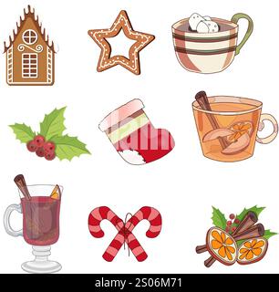 Eine Tasse Kakao, Marshmallows. Weihnachtsstrumpf. Cremige Süßigkeiten. Glühwein. Lebkuchen. Tee mit Zimt, Orange. Mistel. Vektorabbildung Stock Vektor