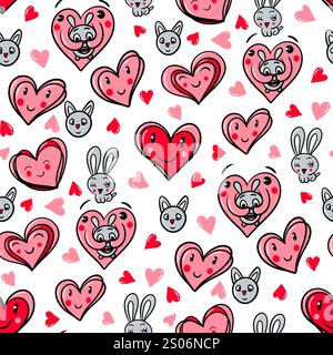 Nahtloses Muster mit Herzen und süßen Hasen. Illustration zum Valentinstag. Stockfoto