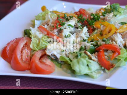 Salat mit weißem Fisch, grünem Salat, Reis und Tomaten Stockfoto