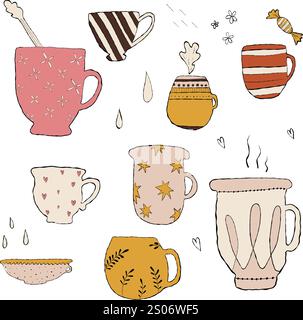 Handgezeichnetes Heißgetränk-Set. Doodle Kaffeetassen weißer Hintergrund. Kaffee, Tee, Cappuccino, Espresso, Latte, americano, heiße Schokolade. Vektor Stock Vektor