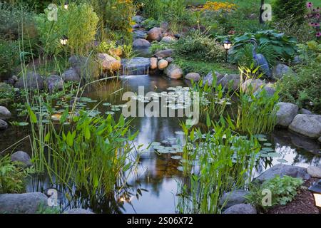 Beleuchteter Teich in der Abenddämmerung mit Wasserfall, Nymphaea - Wasserlilie und Pondeteria cordata - Pickerel Weed im Garten im Sommer. Stockfoto